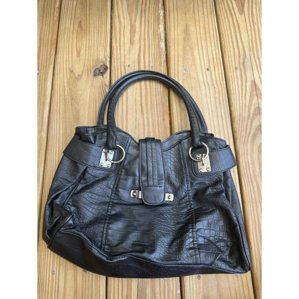 Vintage Y2K Worthington Croc Embossed Satchel Shoulder Bag Faux Leather Black